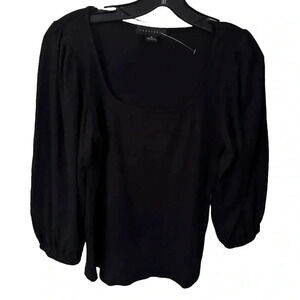 Sanctuary Scoop Neck Top Women's M Black Solid 3/4 Puffed Sleeve Pullover